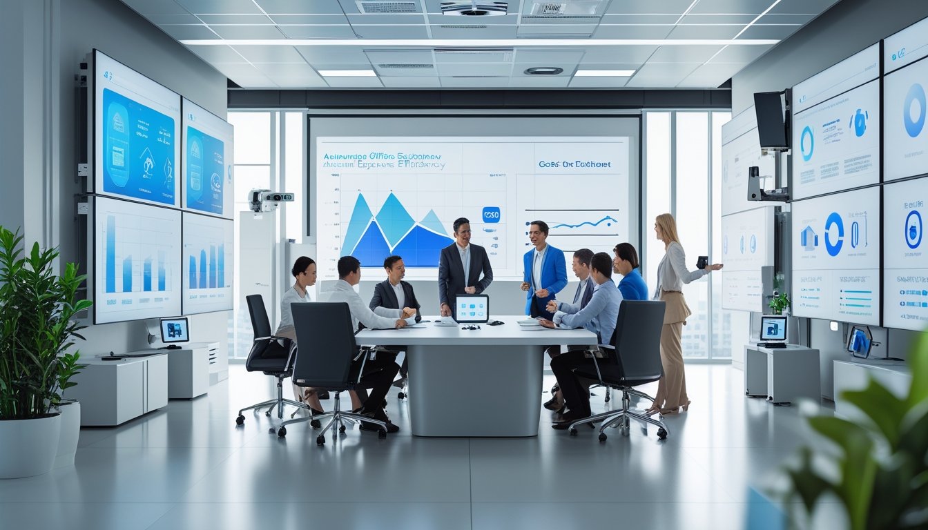 Sekelompok pekerja kantor sedang berkolaborasi di ruang rapat modern yang dilengkapi dengan peralatan audiovisual dan sistem otomasi canggih.