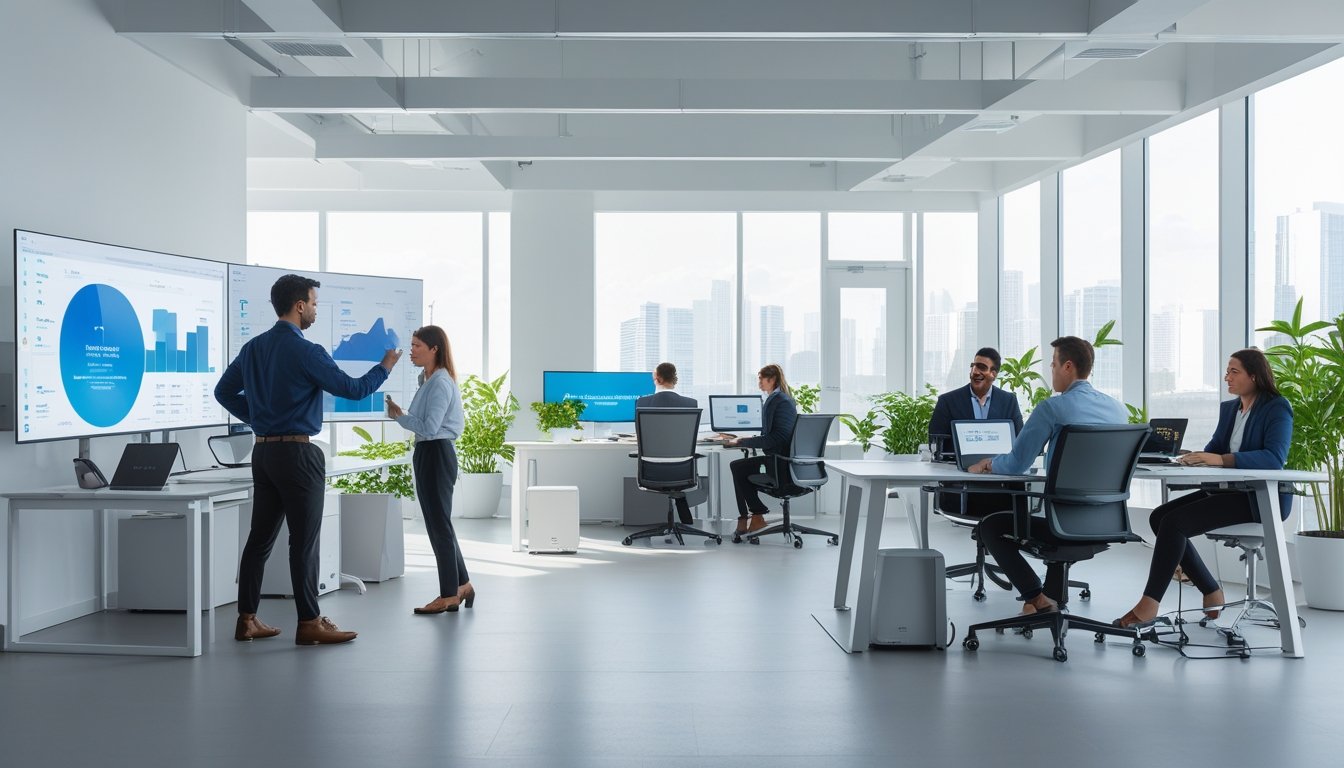 Suasana kantor modern dengan beberapa orang bekerja menggunakan teknologi canggih di ruang terang dan terbuka.