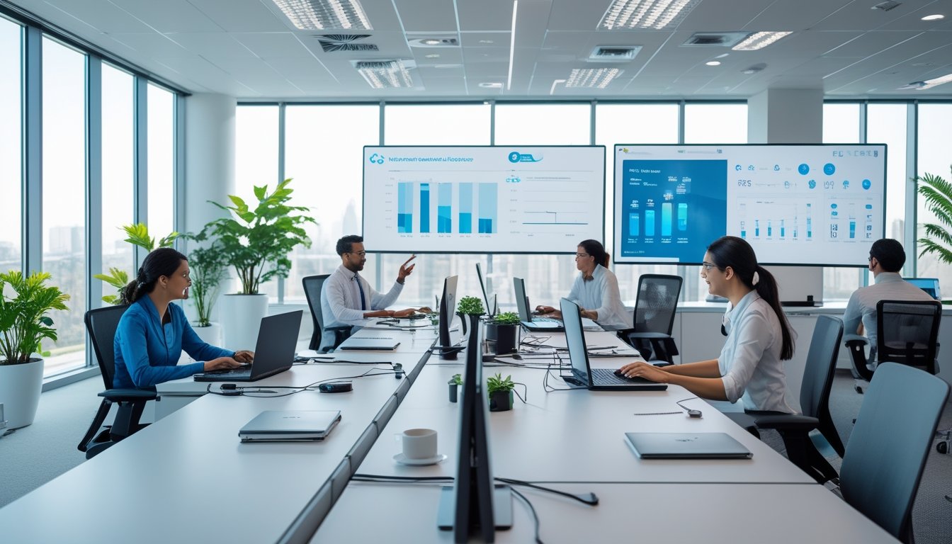 Suasana kantor modern dengan beberapa orang bekerja menggunakan laptop dan layar sentuh, di ruang terang dengan jendela besar dan tanaman hias.