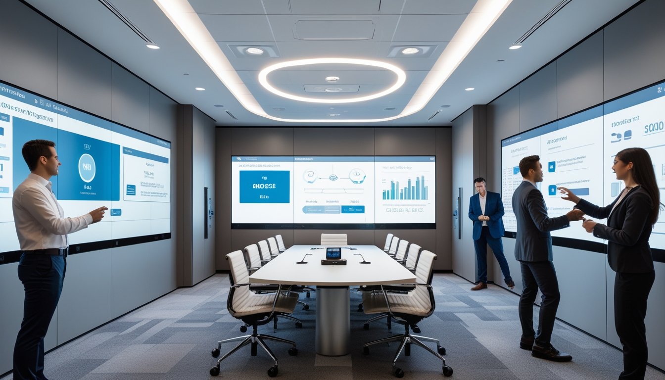 Suasana kantor modern dengan sistem otomasi dan AV terintegrasi, menampilkan ruang rapat dengan layar digital dan peralatan teknologi canggih.