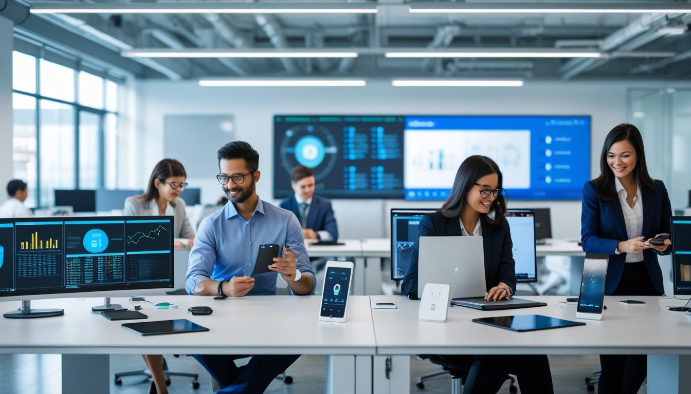 Suasana kantor modern dengan profesional yang bekerja menggunakan perangkat teknologi canggih dan layar besar, menunjukkan kolaborasi dan keamanan dalam lingkungan kerja jarak jauh dan hybrid.