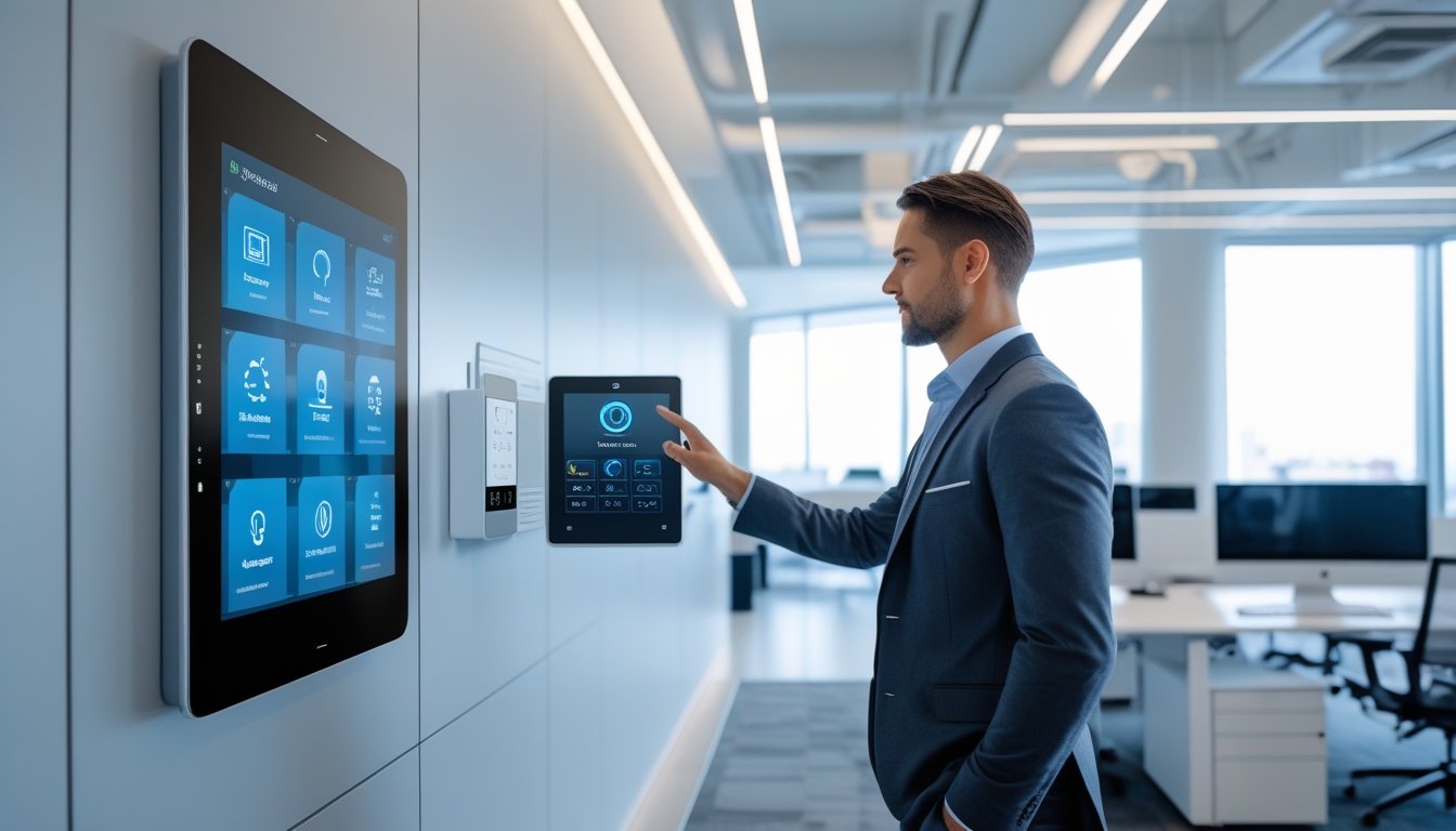 Seorang profesional di kantor modern menggunakan panel kontrol layar sentuh untuk mengatur sistem kantor secara terpadu, dengan lingkungan kerja yang rapi dan peralatan otomatis terlihat di sekitar.