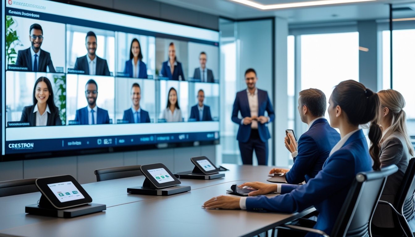 Ruang konferensi modern dengan beberapa profesional yang sedang mengikuti rapat video menggunakan teknologi AV canggih dari Crestron dan MLV Teknologi.