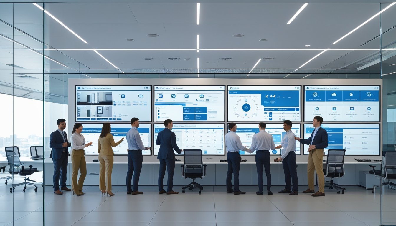 Ruang kantor modern dengan beberapa profesional yang sedang menggunakan panel kontrol touchscreen untuk mengelola sistem kantor secara terpadu.