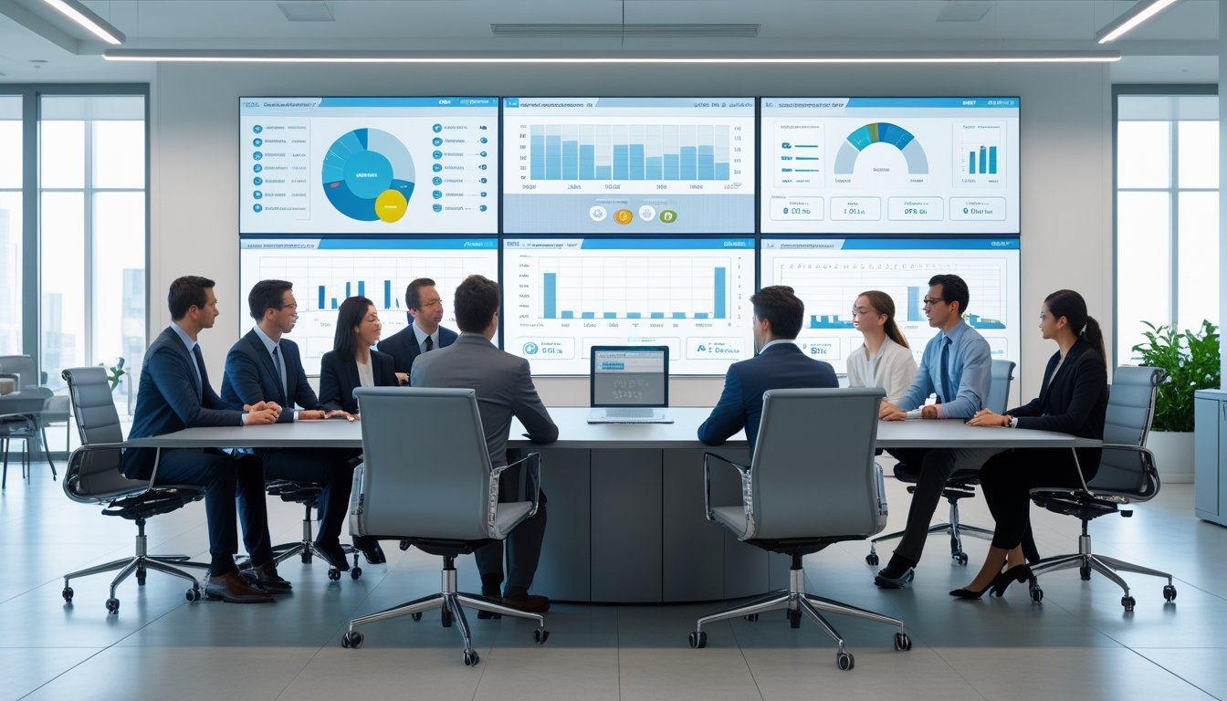 Sekelompok profesional bisnis sedang bekerja sama di ruang kantor modern dengan layar digital yang menampilkan sistem kontrol terpadu.