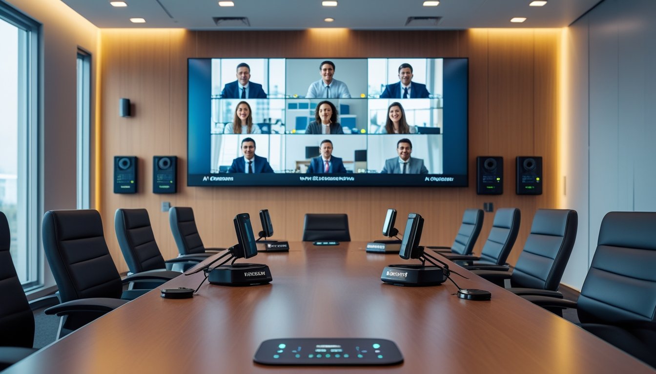 Ruang konferensi kantor modern dengan layar video conference besar dan peralatan teknologi canggih terintegrasi untuk rapat virtual.