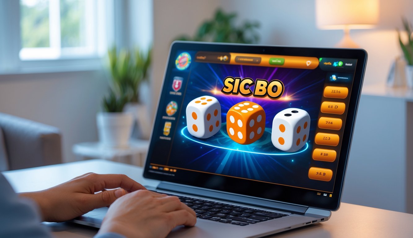 Seseorang bermain permainan Sic Bo online di depan layar komputer di ruang tamu yang terang dan nyaman.