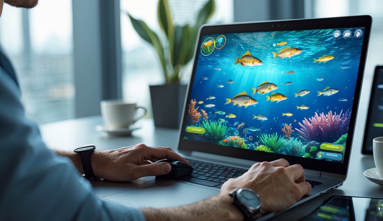 Seseorang sedang bermain permainan memancing ikan secara online di depan komputer di ruang kerja yang rapi.