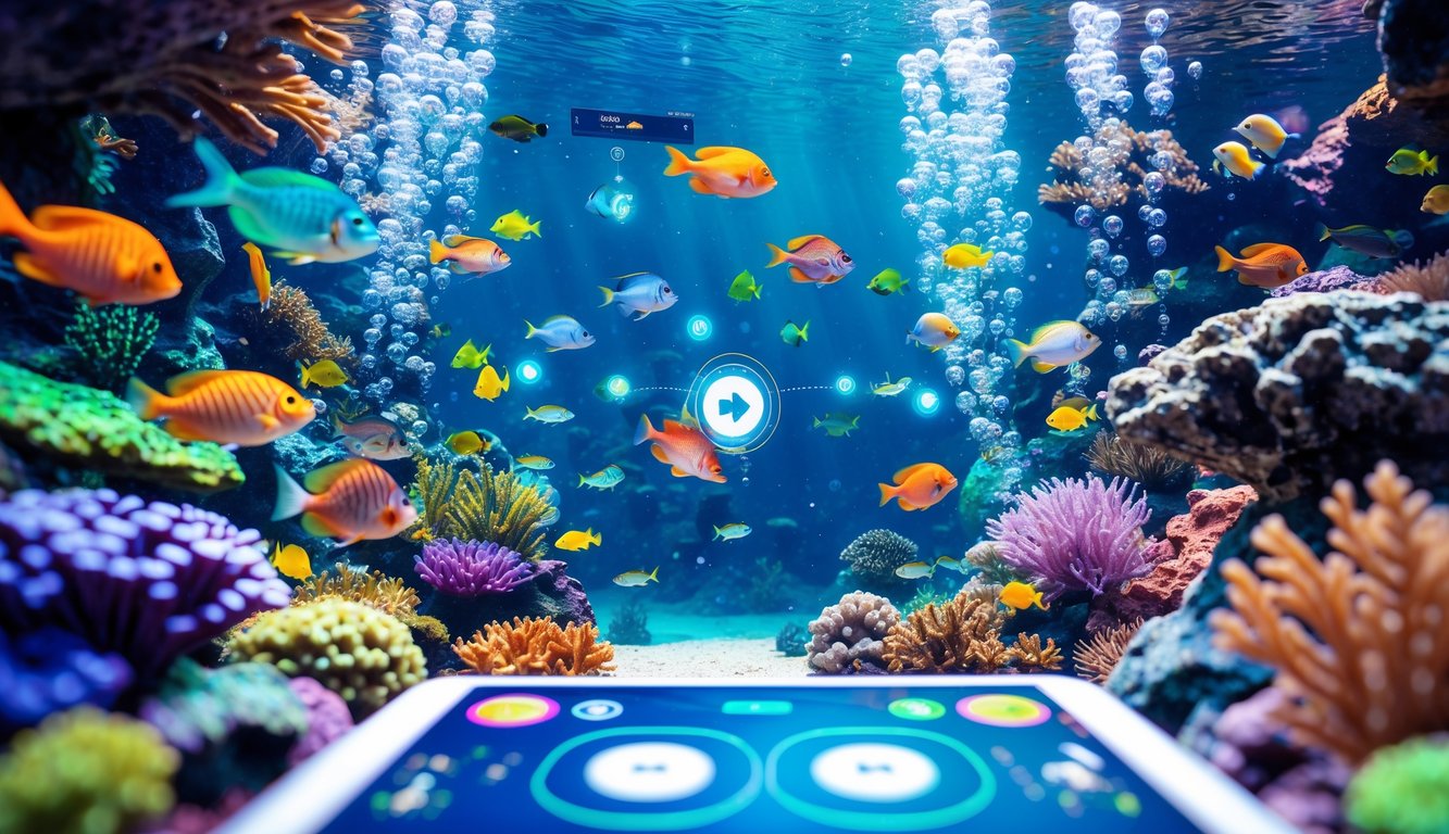 Layar komputer menampilkan permainan tembak ikan dengan latar bawah laut berwarna-warni dan ikan tropis yang berenang.