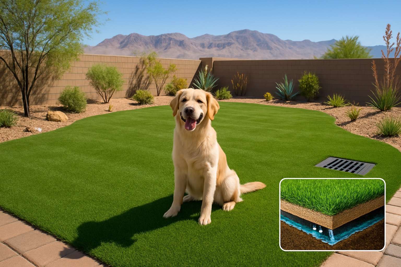 A dog resting on green artificial turf in a sunlit backyard with desert landscaping and mountains in the background.