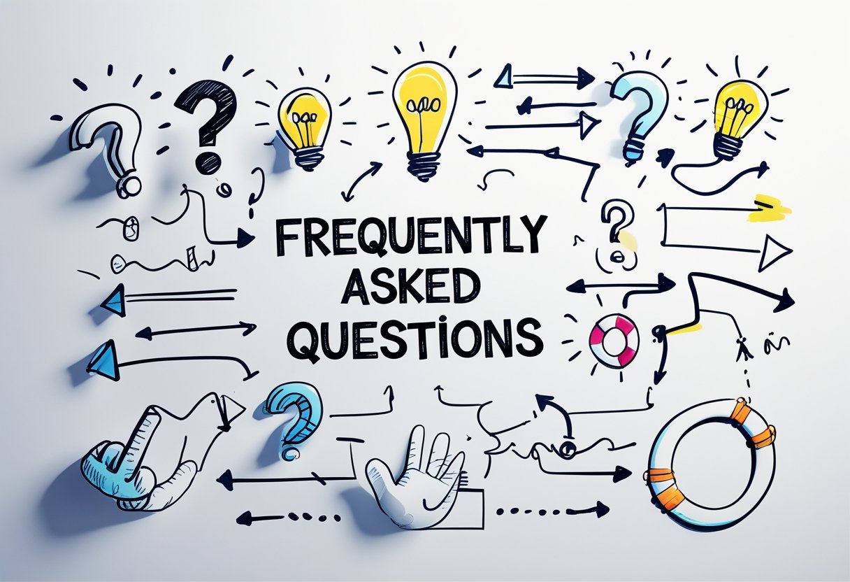 A collection of hand-drawn doodle icons including question marks, light bulbs, lifebuoys, and helping hands arranged on a white background symbolizing questions and assistance. A collection of hand-drawn doodle icons including question marks, light bulbs, lifebuoys, and helping hands arranged on a white background symbolizing questions and assistance.