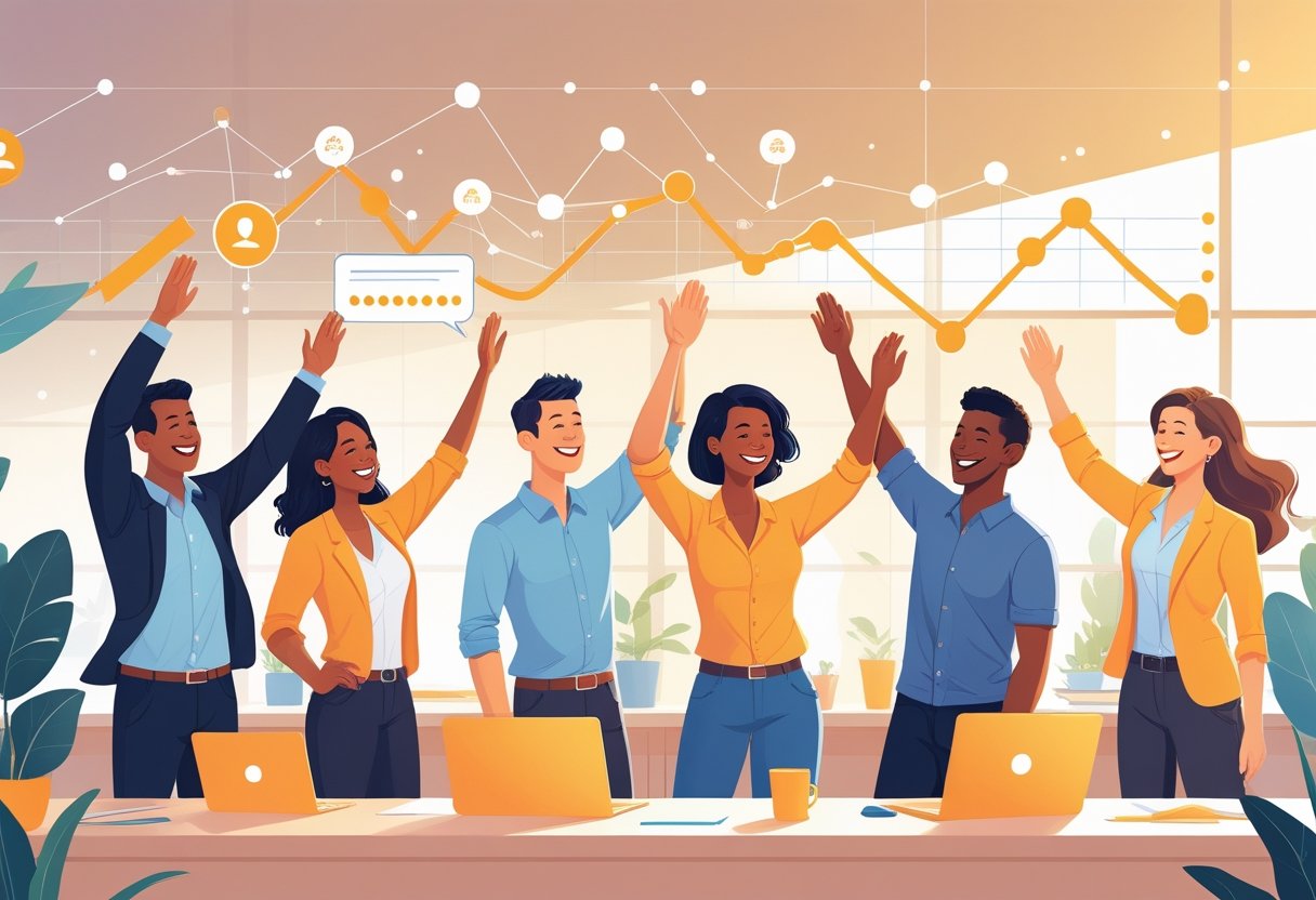 A group of diverse people celebrating success together in an office, exchanging high-fives and smiling with graphs and network icons in the background.