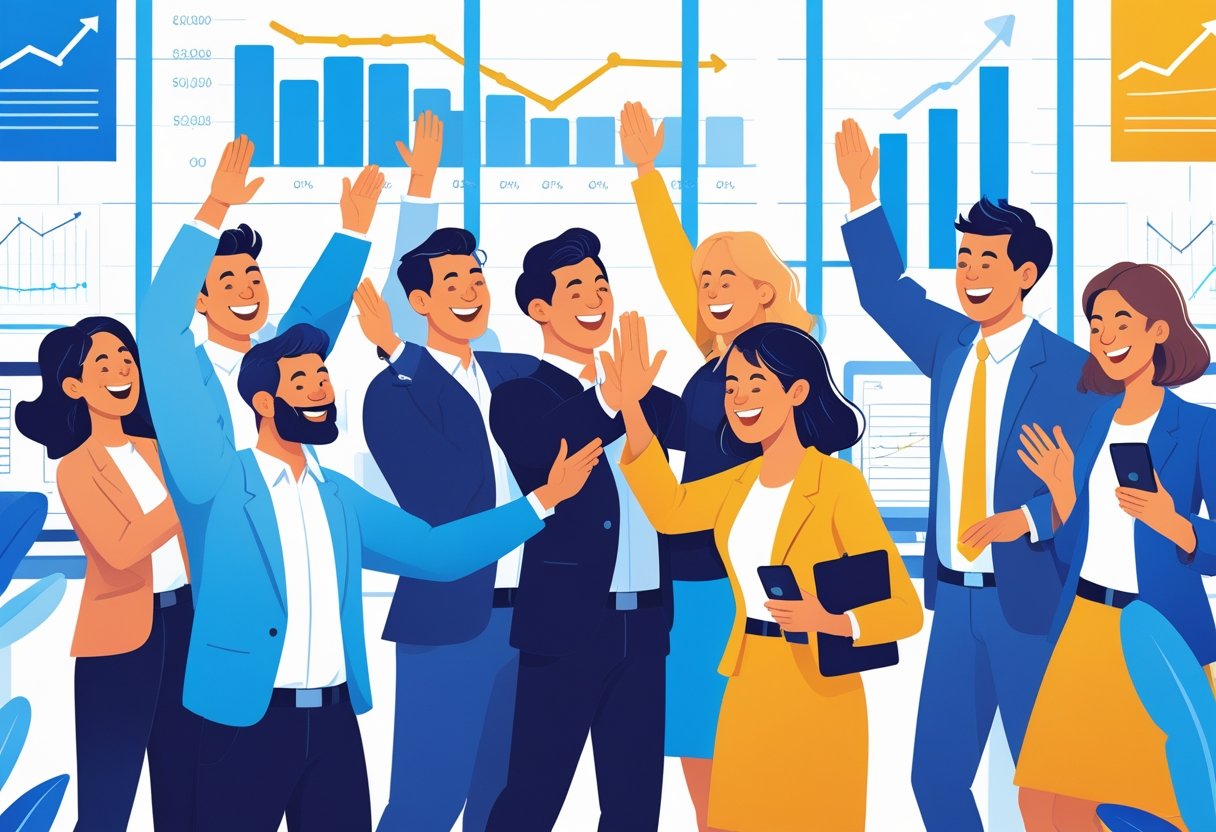 A group of diverse people celebrating success together in an office with charts showing growth in the background.