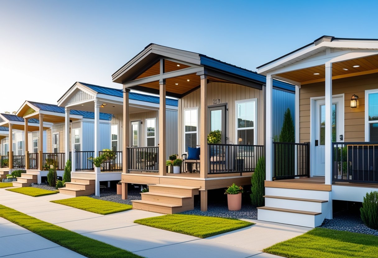 Row of mobile homes with low-clearance shed-style roofs and various porch designs in a sunny neighborhood.