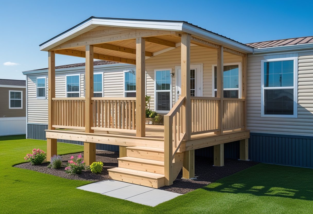 A freestanding wooden porch attached to a mobile home with steps and railings surrounded by grass and plants on a sunny day.