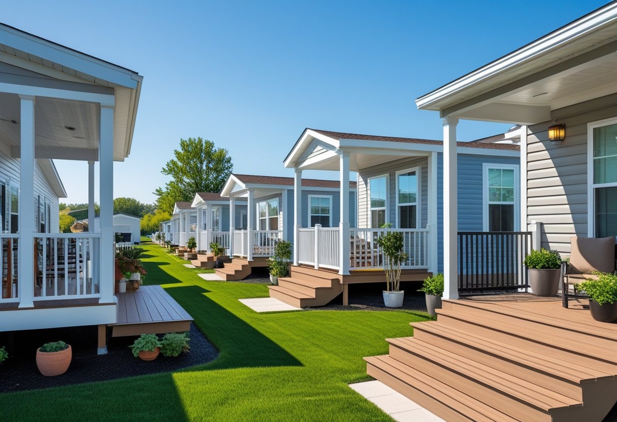 A sunny outdoor scene showing several mobile home porches with composite decking, seating areas, plants, and railings.