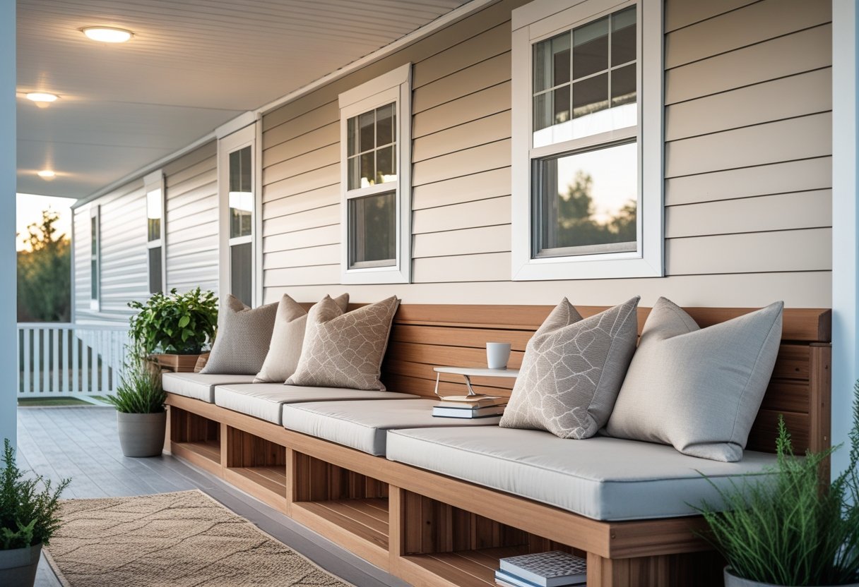 A mobile home porch with built-in wooden bench seating, cushions, and potted plants.