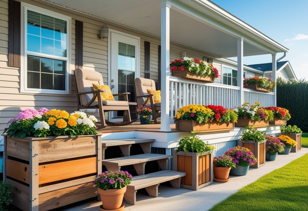 A mobile home porch decorated with colorful flower boxes and planters, featuring wooden steps and seating, surrounded by green lawn under a clear sky.