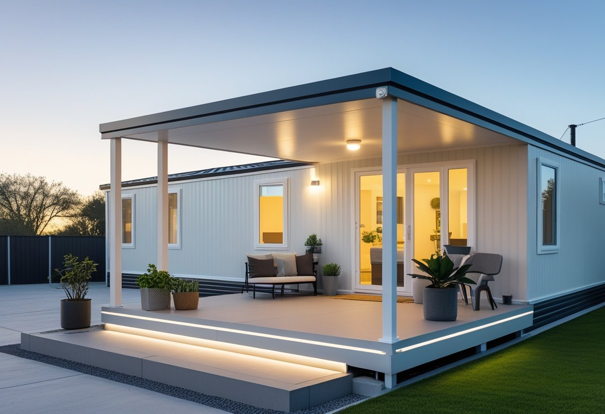 A mobile home with a flat roof and an inviting porch featuring seating and plants in a tidy yard under a clear sky.