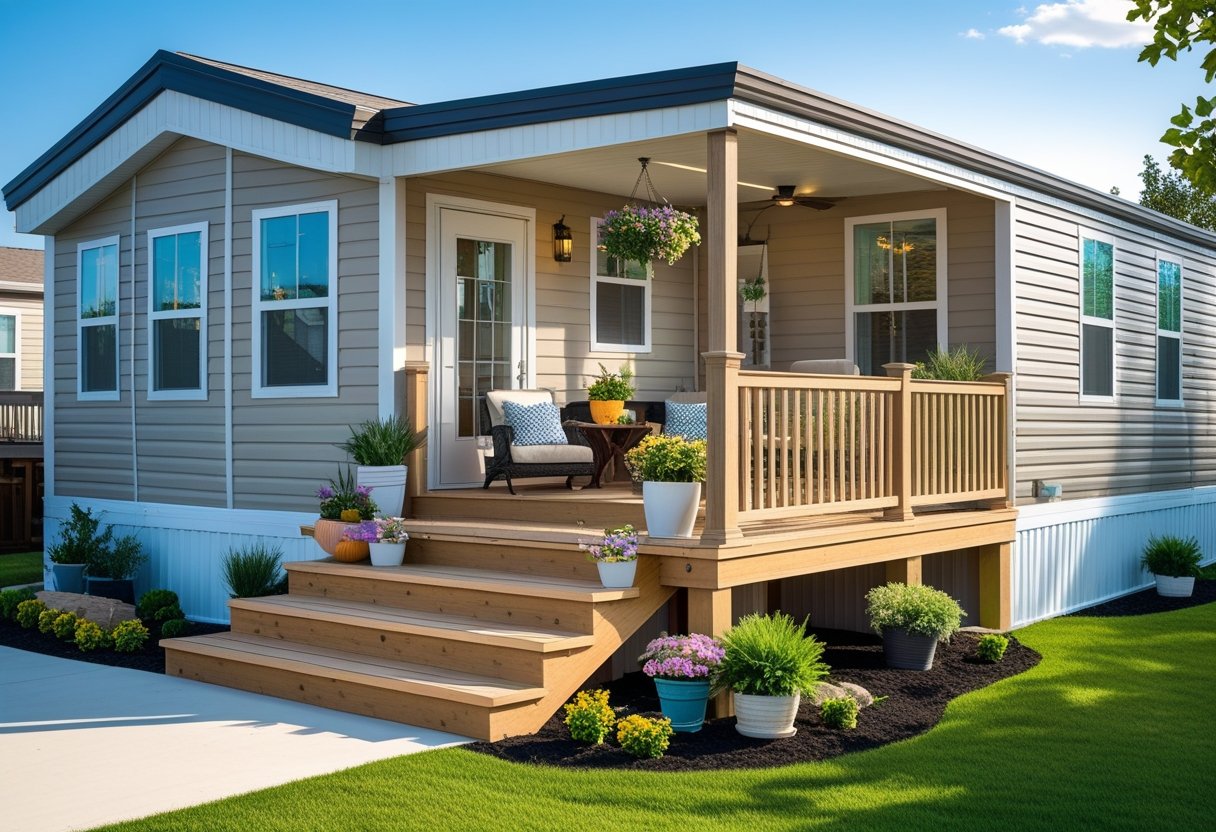 A multi-level porch attached to a mobile home with wooden steps, seating, and plants in a sunny outdoor setting.