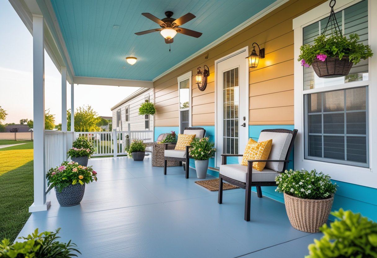 A mobile home porch with fresh paint, outdoor seating, potted plants, and decorative accents under a clear sky.
