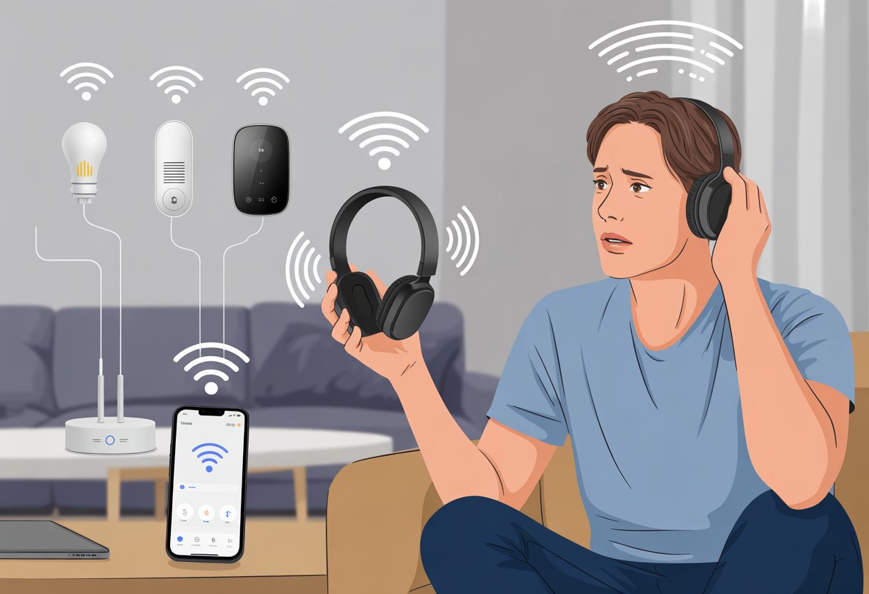 A person looking puzzled while holding Bluetooth headphones in a living room with smart home devices nearby showing connection issues.