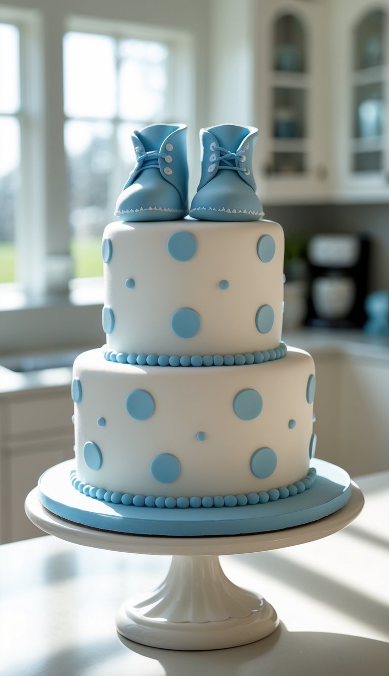 Two-tier blue and white polka dot baby boy cake with fondant baby booties on top, displayed on a cake stand in a bright home kitchen.