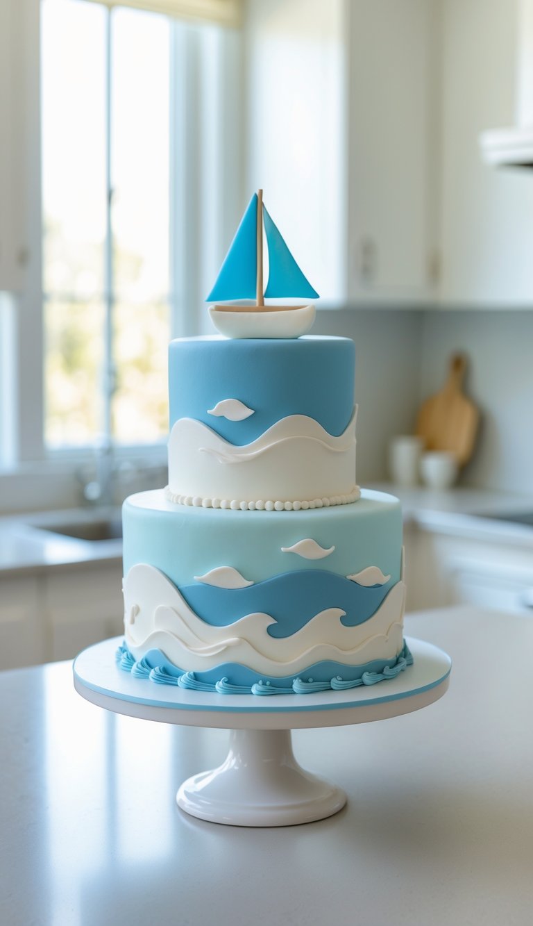 Two-tier baby boy cake with a sailboat and wave decorations on a cake stand in a bright home kitchen.