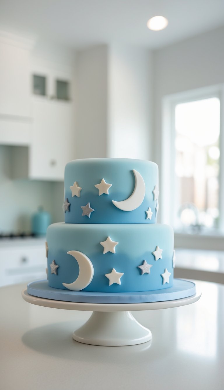 Two-tier blue cake decorated with white and silver stars and crescent moons on a cake stand in a bright home kitchen.