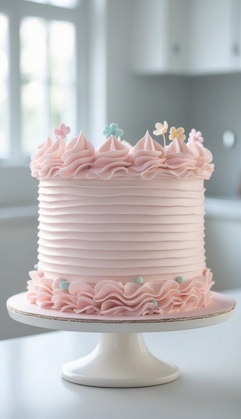 A one-tier pink baby girl cake with ruffled frosting and small edible decorations on a white cake stand in a bright home kitchen.