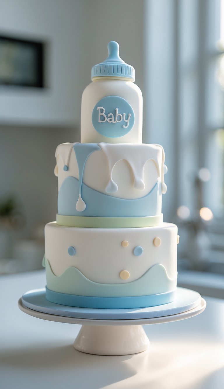 A two-tier baby boy cake with a baby bottle decoration on a white cake stand in a bright home kitchen.