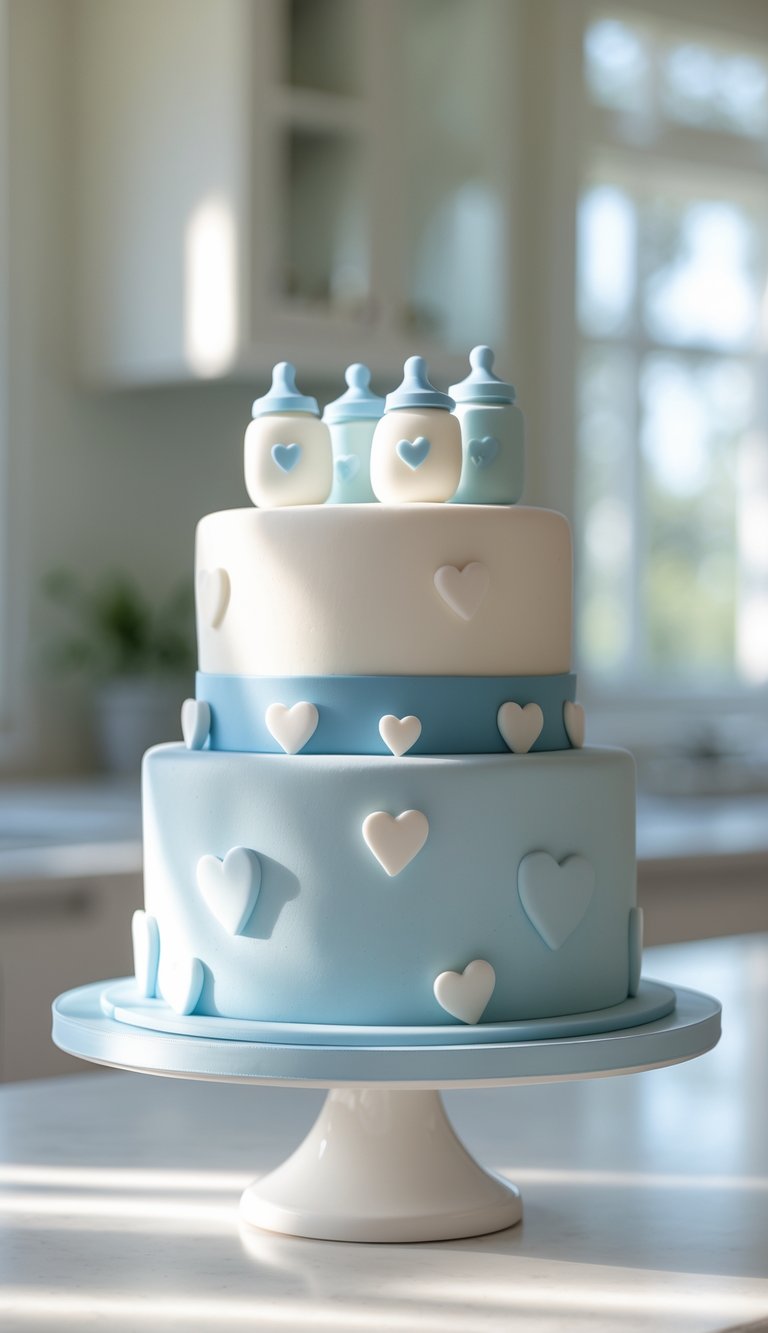 Two-tier blue and white baby boy cake with baby bottle and heart decorations on a cake stand in a bright home kitchen.