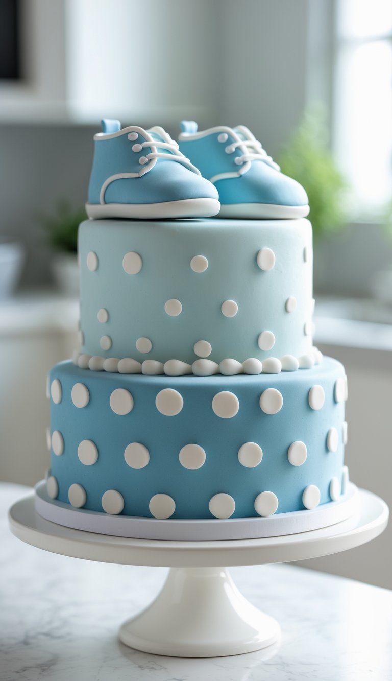 A two-tier blue cake decorated with white polka dots and fondant baby shoes on top, displayed on a white cake stand in a bright home kitchen.