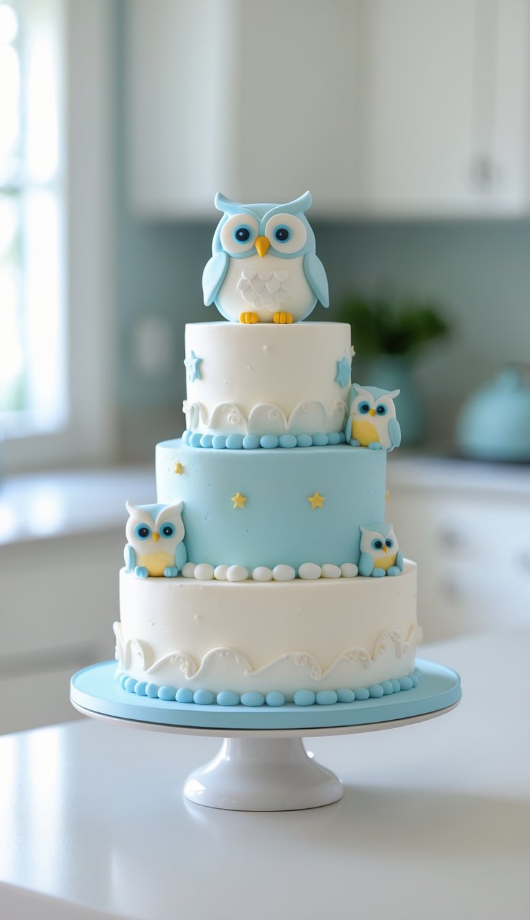 A multi-tiered baby owl cake with blue eyes on a white cake stand in a bright home kitchen.