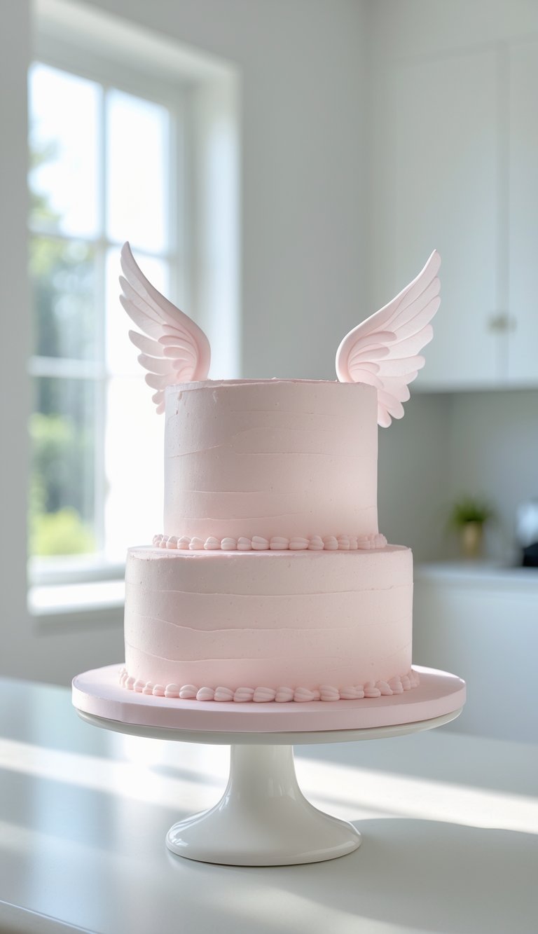 Two-tier baby girl cake with angel wing decorations on a cake stand in a bright home kitchen.