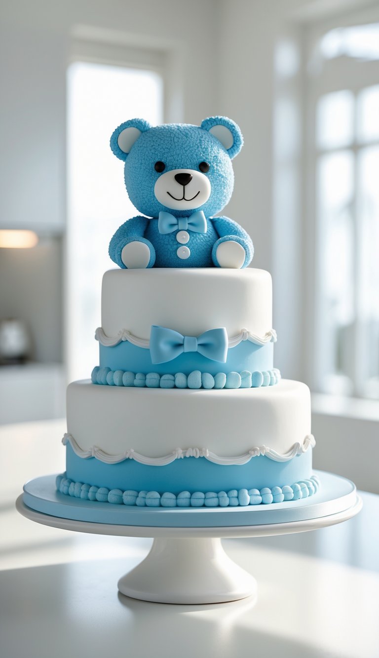 Two-tier blue teddy bear cake with a bow tie on a white cake stand in a bright home kitchen.