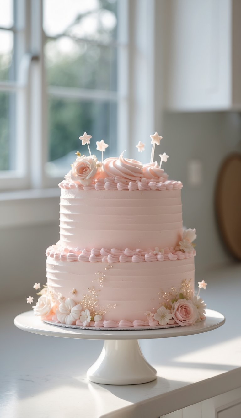 Two-tier pink baby girl cake with decorative piping and fondant decorations on a white cake stand in a brightly lit home kitchen.