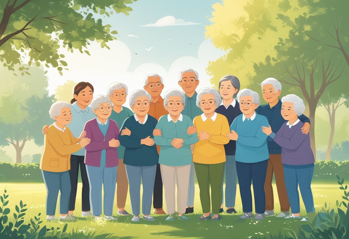 Grupo de idosos e adultos mais jovens juntos em um parque, mostrando apoio e proteção aos idosos.