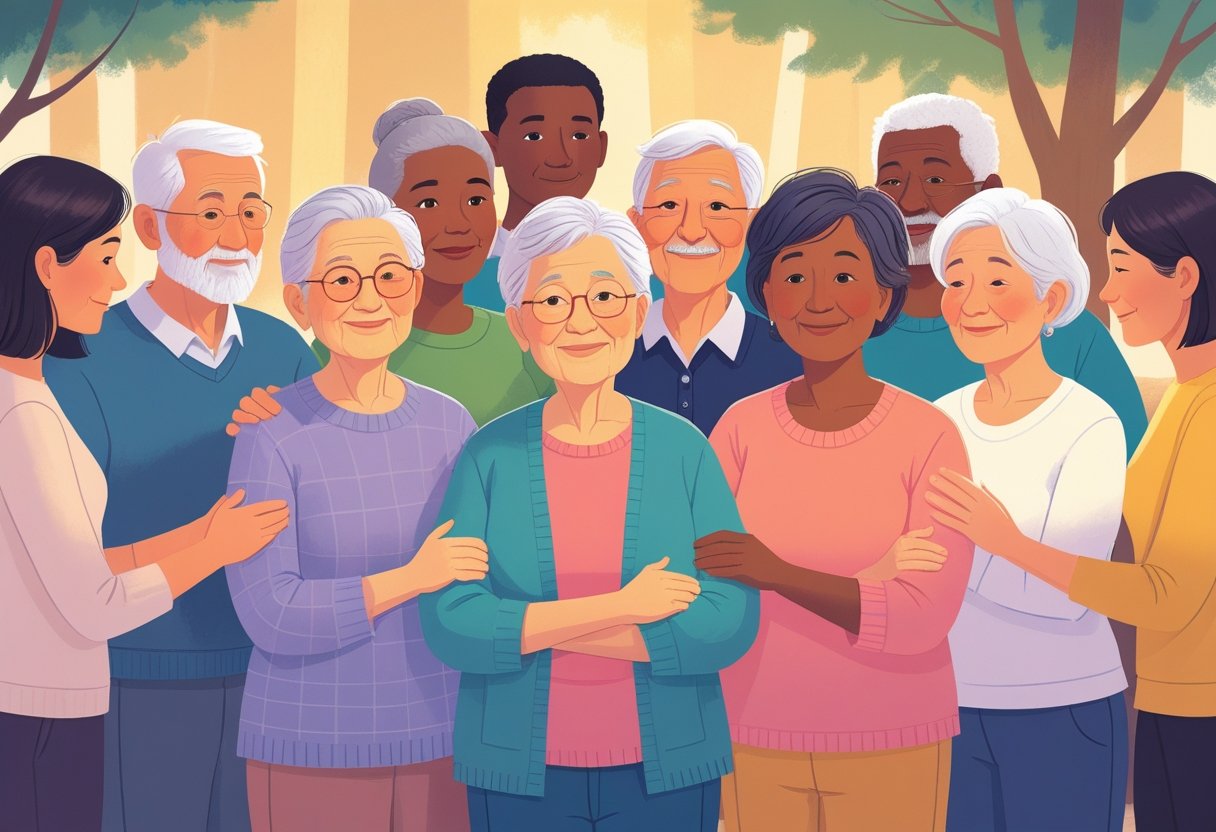 Um grupo diversificado de idosos e adultos jovens juntos em um ambiente seguro, transmitindo proteção e apoio aos idosos.