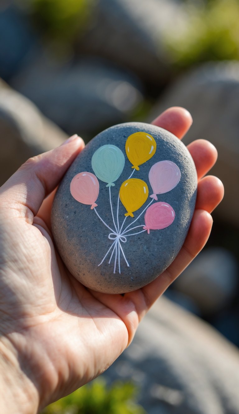 A hand holding a smooth river rock painted with colorful birthday balloons.