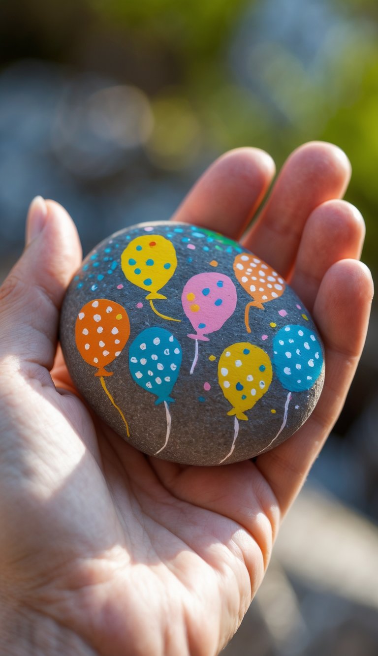 A hand holding a smooth painted river rock with colorful birthday-themed decorations.