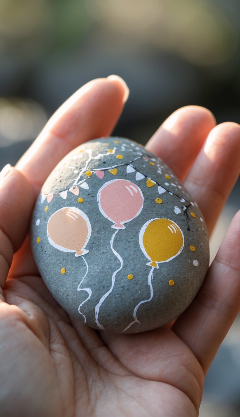 A hand holding a smooth river rock painted with a simple birthday design.