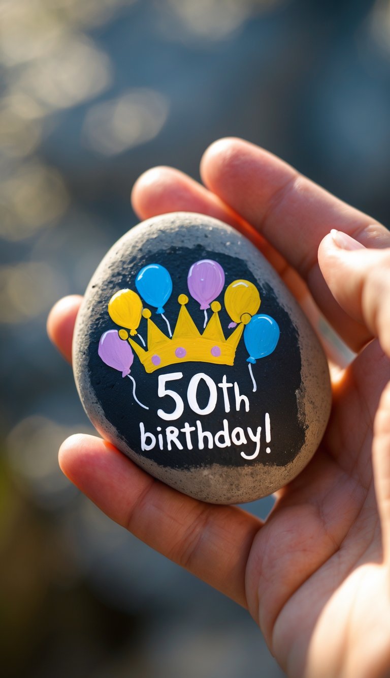 A hand holding a smooth painted river rock with a birthday crown and balloons design.