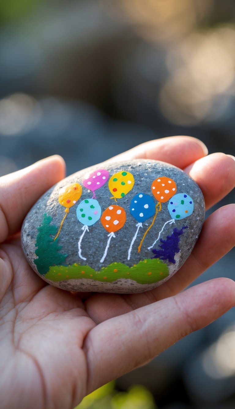 A hand holding a small painted river rock with a colorful birthday-themed design.