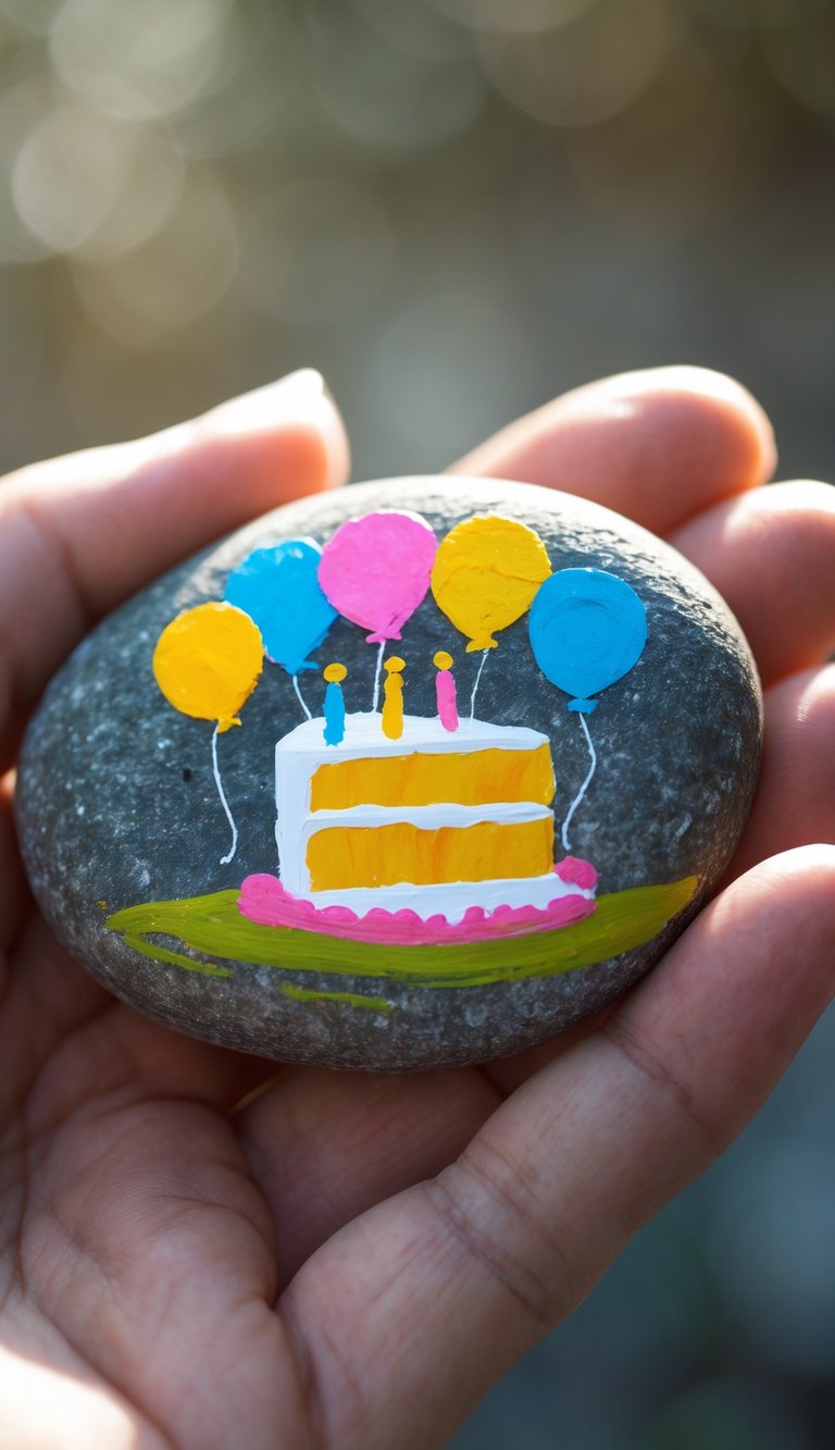 A hand holding a smooth river rock painted with a birthday cake slice and balloons.