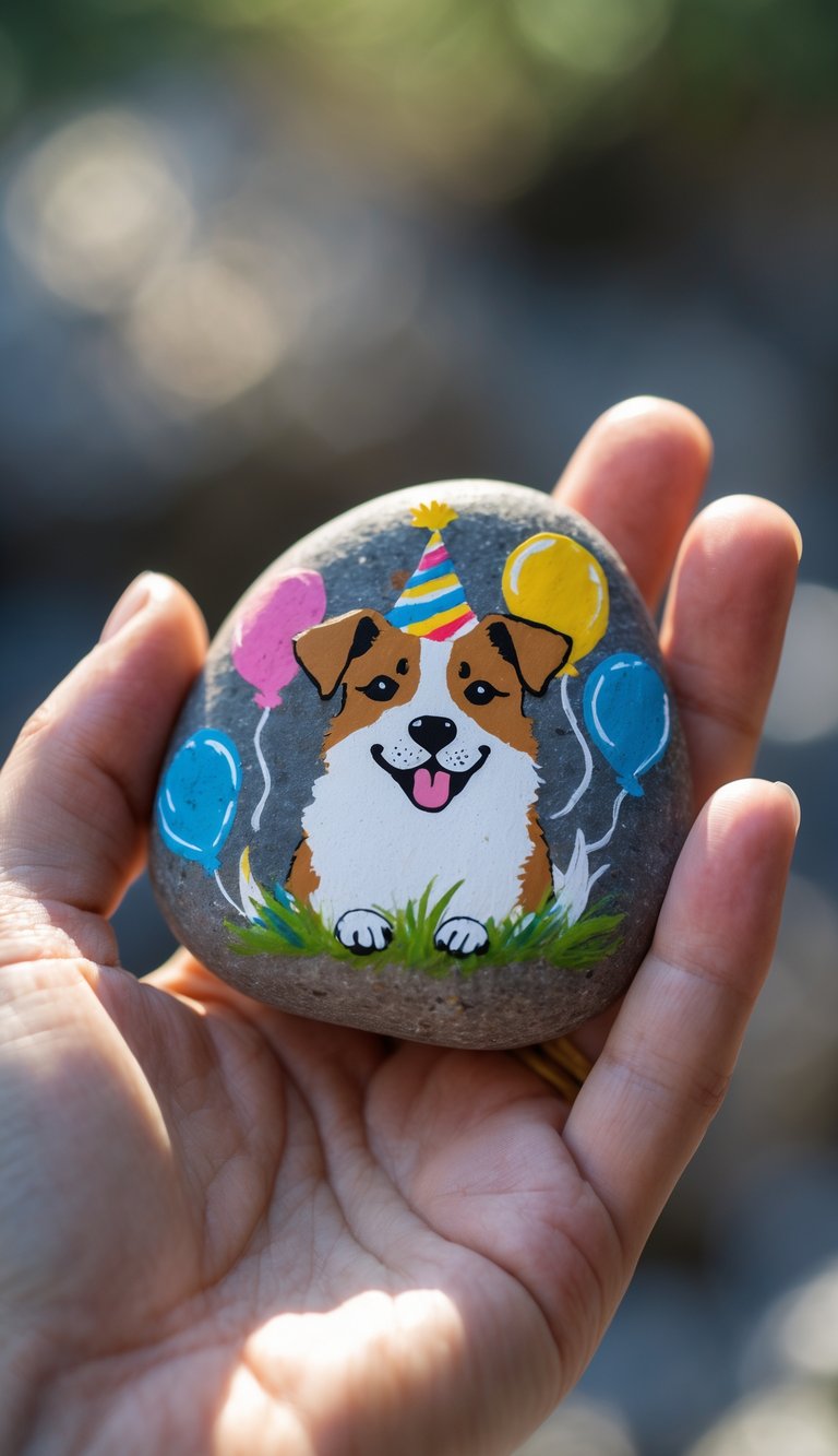 A hand holding a smooth river rock painted with a birthday dog wearing a party hat and balloons.