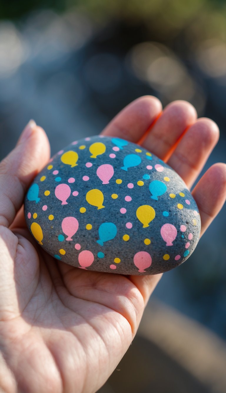 A hand holding a smooth river rock painted with colorful confetti and balloon designs.