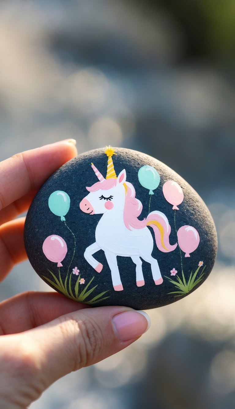 A hand holding a smooth river rock painted with a birthday unicorn and balloons.