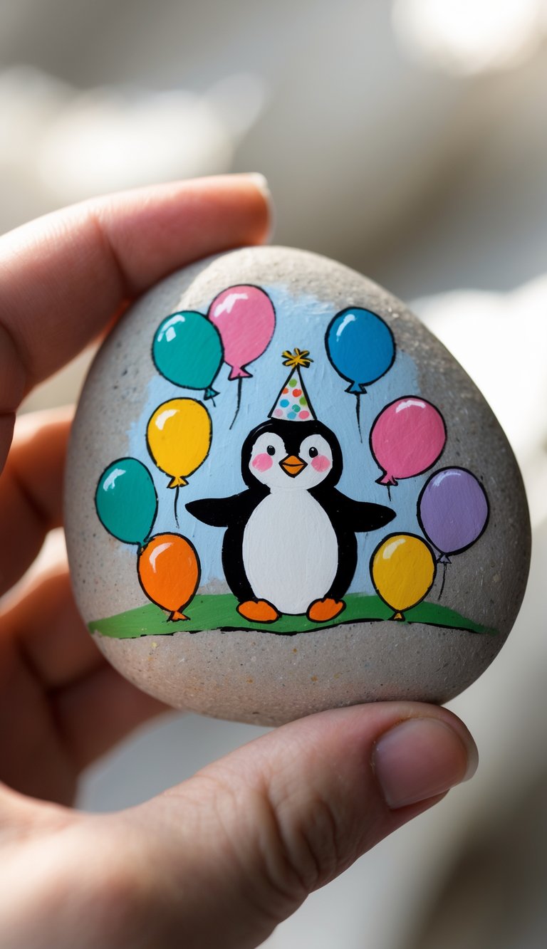 A hand holding a smooth river rock painted with a birthday penguin and balloons.