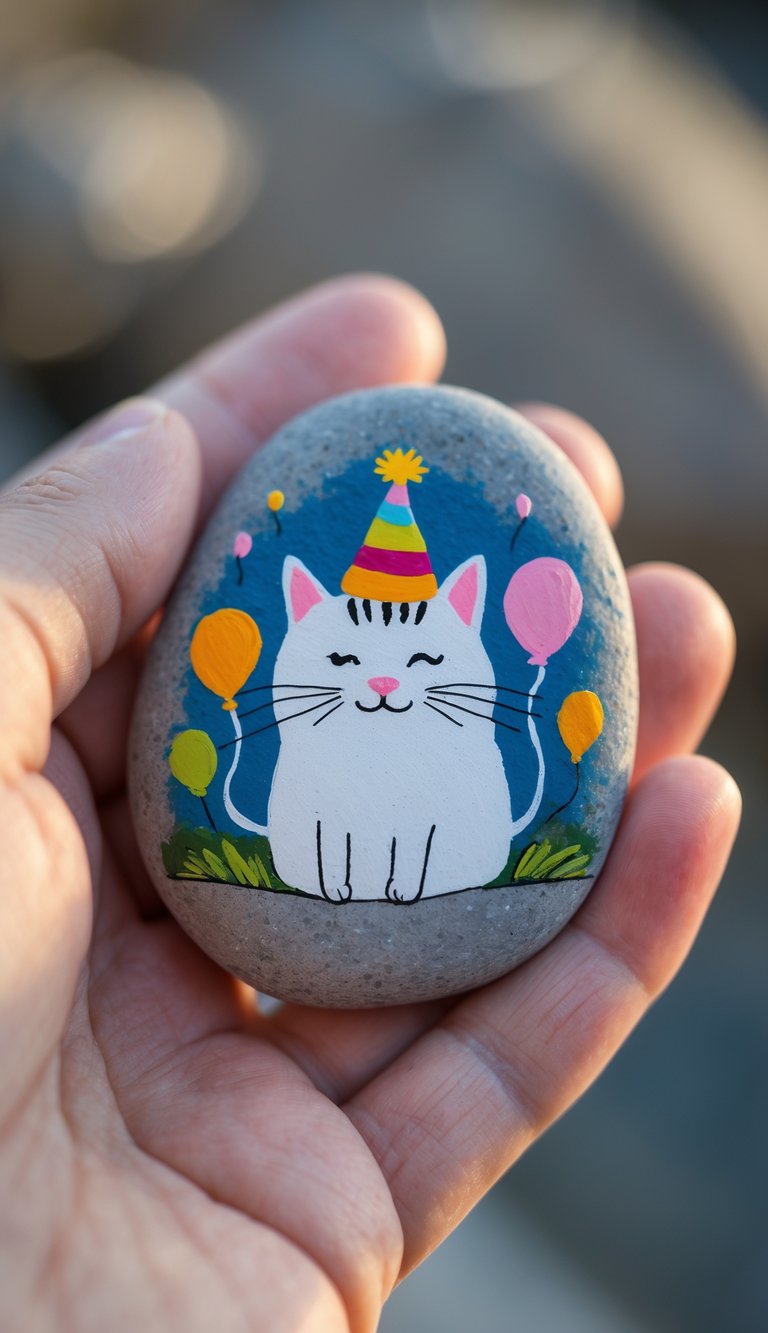 A hand holding a smooth river rock painted with a birthday cat wearing a party hat.